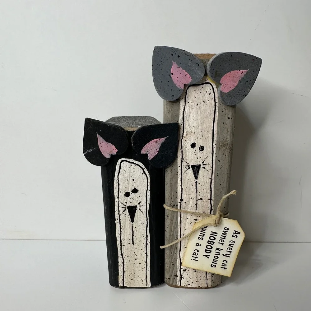 2 Rustic Wood Block Cat Figurines Hand Painted‎ Primitive Folk Art Decor Gift